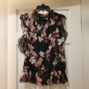 White House Black Market Black Floral Ruffle Blouse